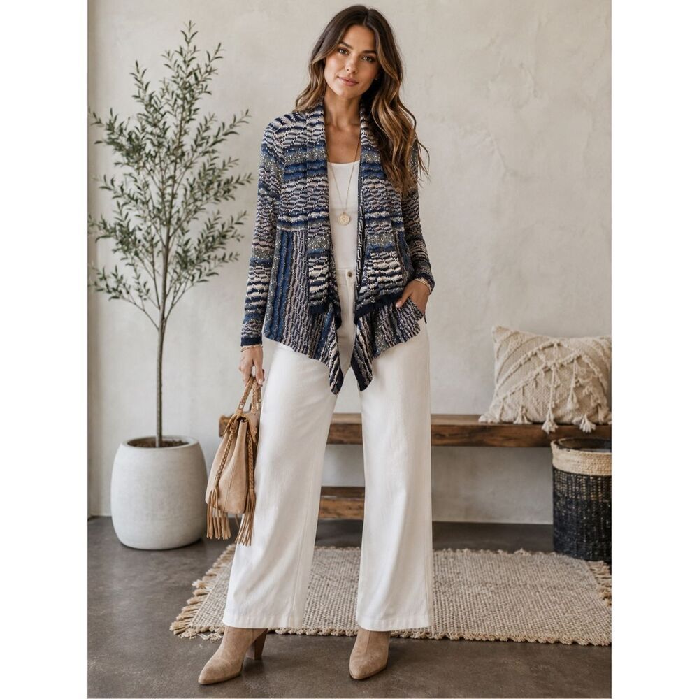 Nic+Zoe Linen Mixed Knit Waterfall Cardigan size PM work
